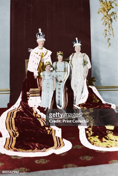 King George VI and Queen Elizabeth on their Coronation Day, 1937; with Princess Elizabeth and Princess Margaret'. From The Coronation of King George...