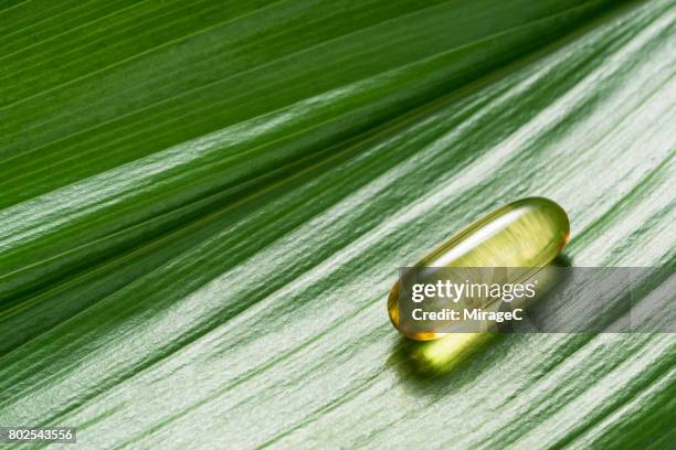 one soft capsule on green leaf - fish oil foto e immagini stock