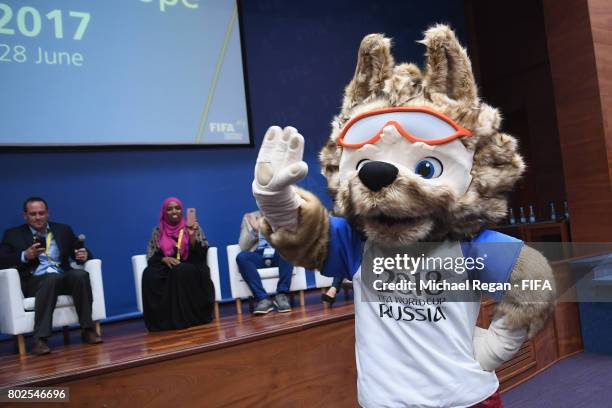 World Cup mascot Zabivaka takes to the stage during the Football For Hope Forum on June 28, 2017 in Kazan, Russia.