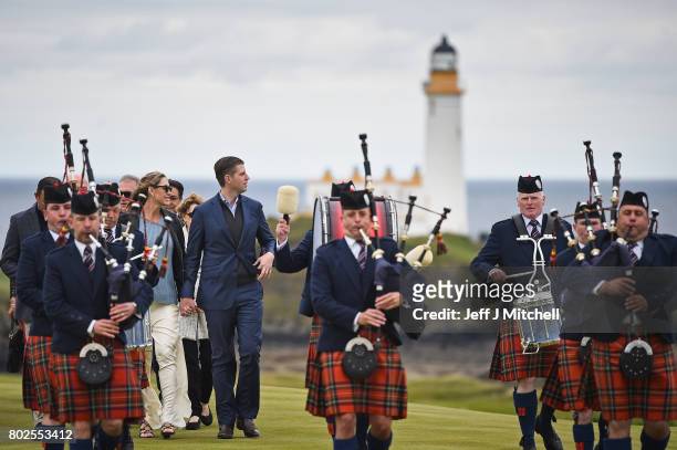 Eric Trump and his wife Lara attend the opening Trump Turnberry's new golf course the King Robert The Bruce course on June 28, 2017 in Turnberry,...
