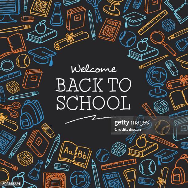 welcome back to school background with icons - illustration - pencil sharpener stock illustrations