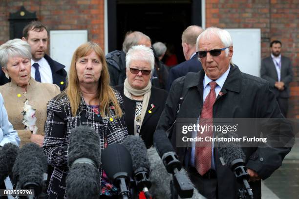 Margaret Aspinall of the Hillsborough Family Support Group and Trevor Hicks address the media after the families of the 96 Hillsborough victims were...
