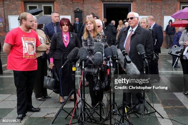 Margaret Aspinall of the Hillsborough Family Support Group and Trevor Hicks address the media after the families of the 96 Hillsborough victims were...