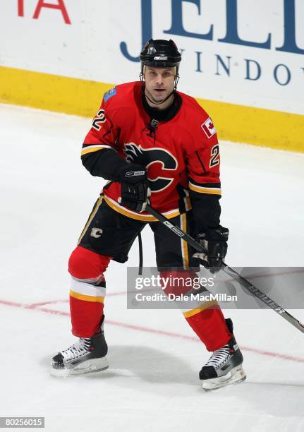 Daymond Langkow of the Calgary Flames skates against the St. Louis Blues during their NHL game at Pengrowth Saddledome on March 10, 2008 in Calgary,...