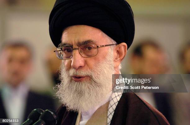 Iran's supreme religious leader Ayatollah Sayed Ali Khamenei speaks after casting his ballot in elections for the 8th "majlis" or parliament March...