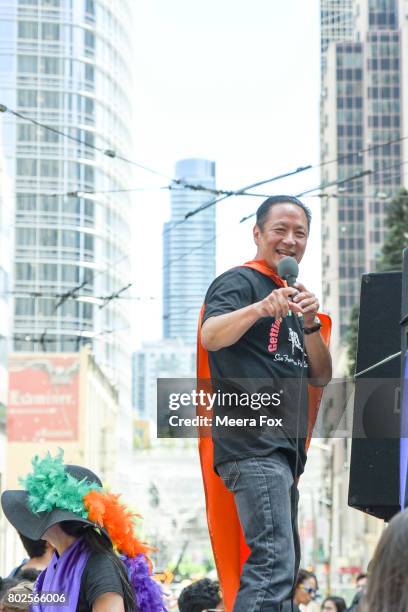 Public Defender and film maker Jeff Adachi rides on a float during San Francisco Gay Pride parade on June 25, 2017 in San Francisco, California.