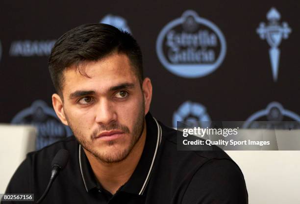 Maxi Gomez faces the media during his presentation as a new player for Celta de Vigo at Estadio Balaidos on June 28, 2017 in Vigo, Spain.