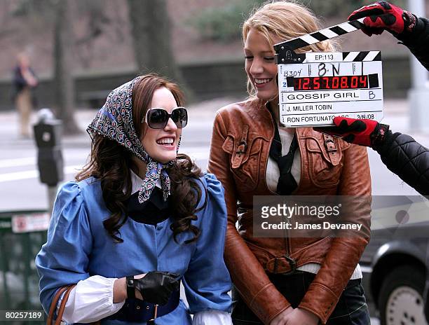 Actresses Leighton Meester and Blake Lively on location for "Gossip Girl" on March 14, 2008 in New York City.