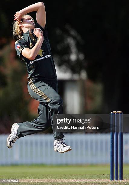 Ellyse Perry of Australia bowls during the fourth Rose Bowl Series One Day International match between the New Zealand Silver Ferns and Australian...