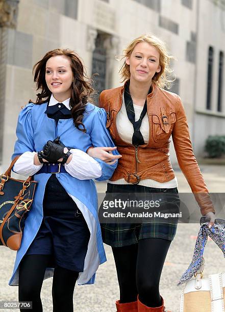 Leighton Meester and Blake Lively on location during a filming of ''Gossip Girl'' on March 14, 2008 in New York City.