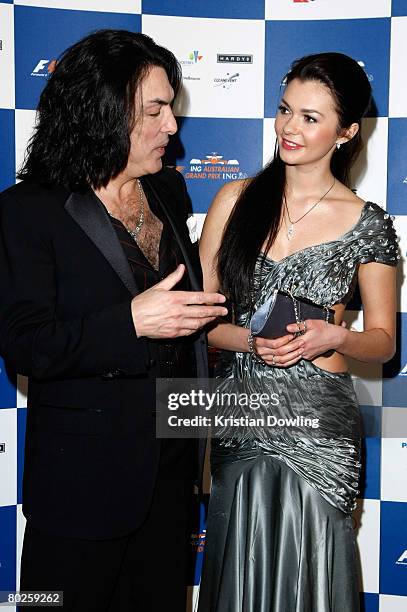 Miss Poland Barbara Tatara and Kiss band member Paul Stanley arrive for the official Grand Prix ball in the Palladium Ballroom on March 14, 2008 in...