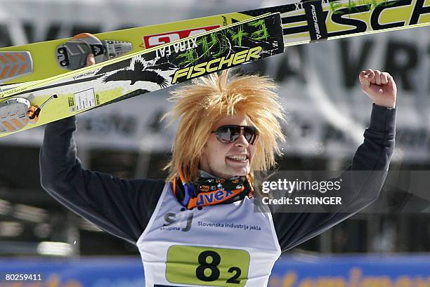 Anders Jacobsen of Norway reacts after his jump at the Word Cup Team Ski Flying race in Planica, on March 15, 2008. AFP PHOTO/Voranc Vogel