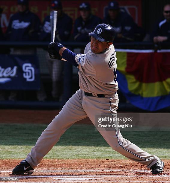 Oscar Robles of the San Diego Padres at bat against the Los Angeles Dodgers at Wukesong Stadium on March 15, 2008 in Beijing, China. The Los Angeles...