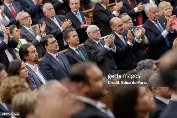 Pablo Iglesias , Aitor Esteban , Felipe Gonzalez , Soledad Becerril , Miguel Herrero y Rodriguez de Minon and Miquel Roca attend the commemoration of...