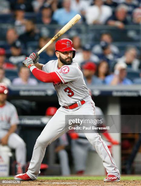Danny Espinosa of the Los Angeles Angels bats in an MLB baseball game against the New York Yankees on June 21, 2017 at Yankee Stadium in the Bronx...