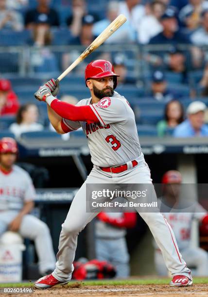 Danny Espinosa of the Los Angeles Angels bats in an MLB baseball game against the New York Yankees on June 21, 2017 at Yankee Stadium in the Bronx...