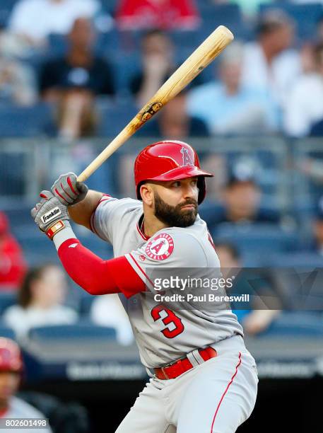 Danny Espinosa of the Los Angeles Angels bats in an MLB baseball game against the New York Yankees on June 21, 2017 at Yankee Stadium in the Bronx...