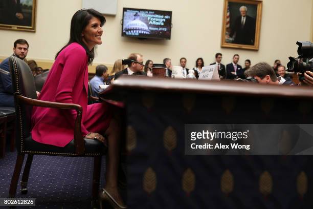 Ambassador to the United Nations Nikki Haley waits for the beginning of a hearing before the House Foreign Affairs Committee June 28, 2017 on Capitol...