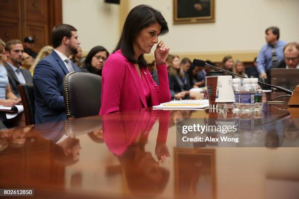 Ambassador to the United Nations Nikki Haley pauses during a hearing before the House Foreign Affairs Committee June 28, 2017 on Capitol Hill in...