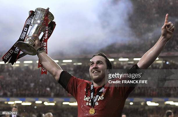 Wales captain Ryan Jones jubilates after winning the 6 Nations rugby union match Wales vs France on 15 March 2008 at the Millennium Stadium in...