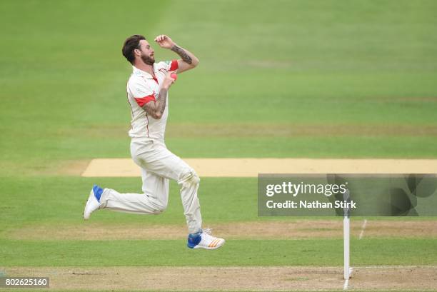 Jordan Clark of Lancashire runs into bowl during the Specsavers County Championship Division One match between Warwickshire and Lancashire at...