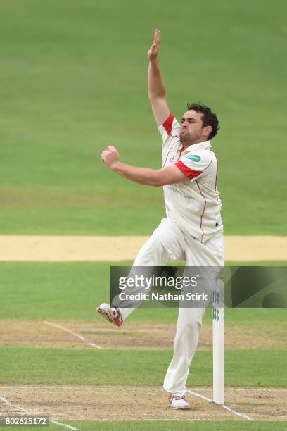 Stephen Par ryof Lancashire runs into bowl during the Specsavers County Championship Division One match between Warwickshire and Lancashire at...