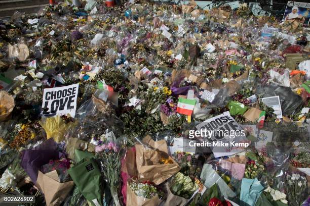 Floral tributes to the terrorist attack in which 7 people were killed at London Bridge, London, England, United Kingdom. A memorial of flowers grew...