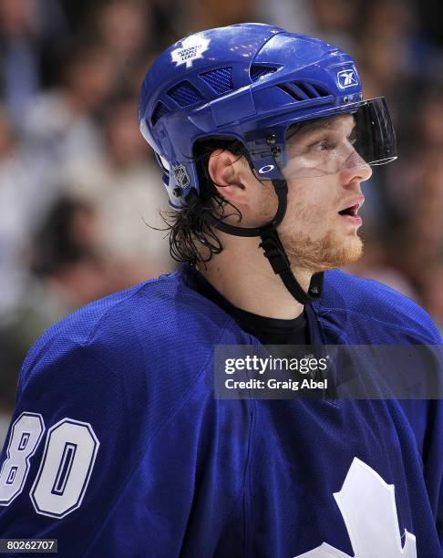 Nik Antropov of the Toronto Maple Leafs looks on during a break in game action against the Philadelphia Flyers March 11, 2008 at the Air Canada...