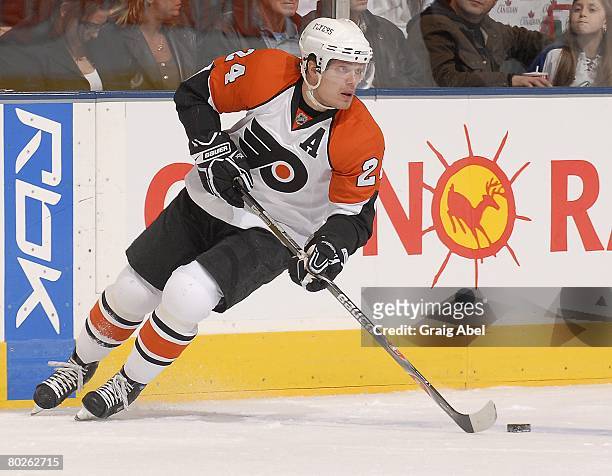 Sami Kapanen of the Philadelphia Flyers carries the puck up ice during game action against the Toronto Maple Leafs March 11, 2008 at the Air Canada...