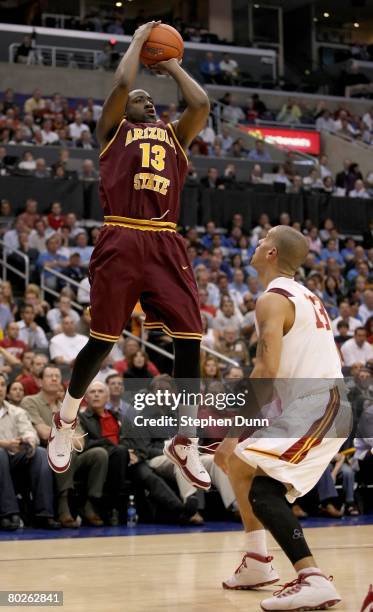 James Harden of the Arizona State Sun Devils shoots over the defense of Daniel Hackett of the USC Trojans during the 2008 Pacific Life Pac-10 Men's...