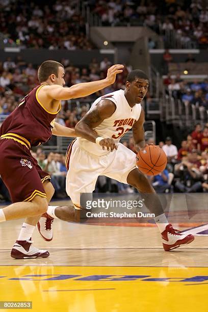 Mayo of the USC Trojans dribbles against the defense of Derek Glasser of the Arizona State Sun Devils during the 2008 Pacific Life Pac-10 Men's...