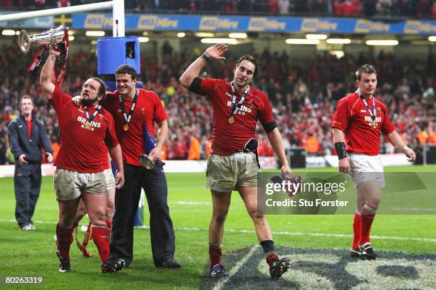 Wales captain, Ryan Jones and his players celebrate having clinched the Grand Slam during the RBS Six Nations Championship match between Wales and...