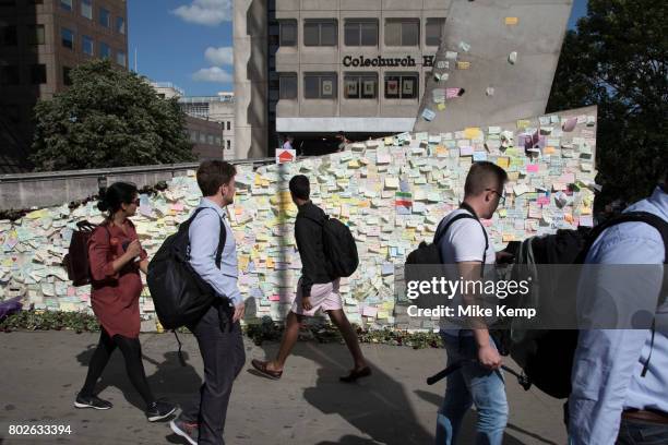 Wall of post-it notes in which people from all over the World write messages of solidarity in tribute to the 7 people who were killed at London...