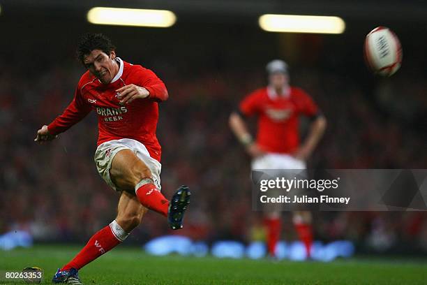 James Hook of Wales attempts a conversion during the RBS Six Nations Championship match between Wales and France at the Millennium Stadium on March...