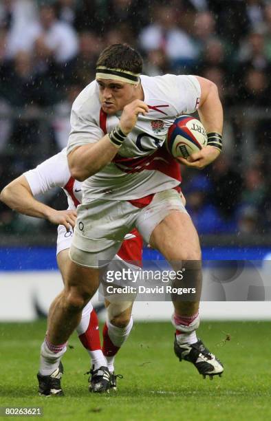 Andrew Sheridan, the England lock powers forward during the RBS Six Nations match between England and Ireland at Twickenham on March 15, 2008 in...