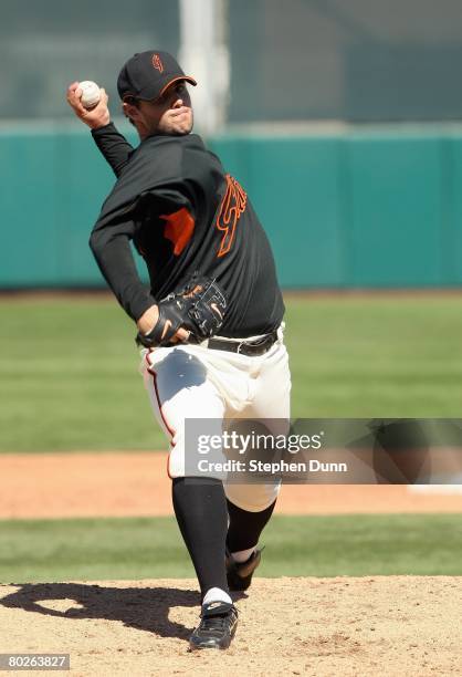 Pitcher Noah Lowry of the San Francisco Giants throws a pitch during the game with the Texas Rangers on March 3, 2008 at Scottsdale Stadium in...