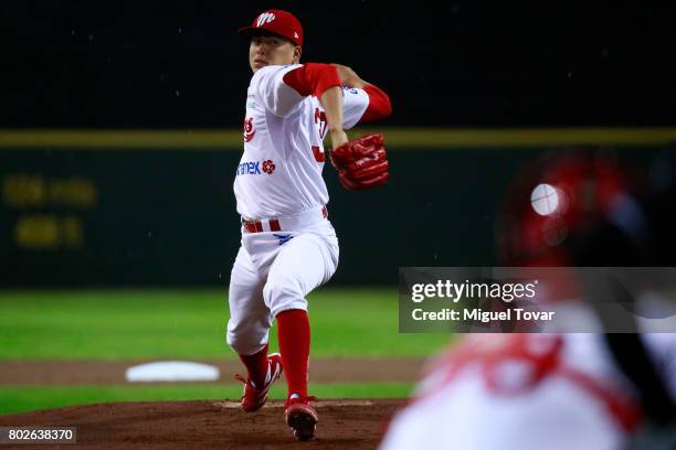 Octavio Acosta of Diablos pitches during the match between Rojos del Aguila and Diablos Rojos as part of the Liga Mexicana de Beisbol 2017 at Fray...