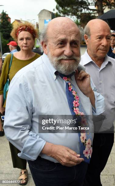 Enrico Beruschi attends the Paolo Limiti funeral services at the church of Santa Maria Goretti on June 28, 2017 in Milan, Italy. Paolo Limiti was...