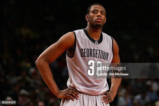 Patrick Ewing Jr. #33 of the Georgetown Hoyas reacts after a play during the final of the 2008 Big East Men's Basketball Championship at Madison...