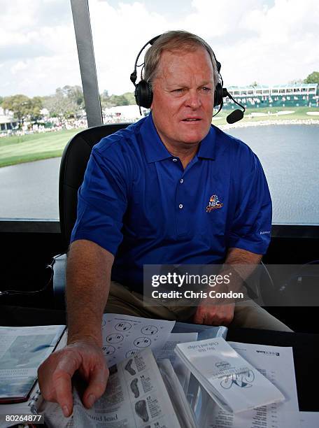 Johnny Miller of NBC Sports rehearses before going on the air during the third round of the Arnold Palmer Invitational presented by MasterCard held...