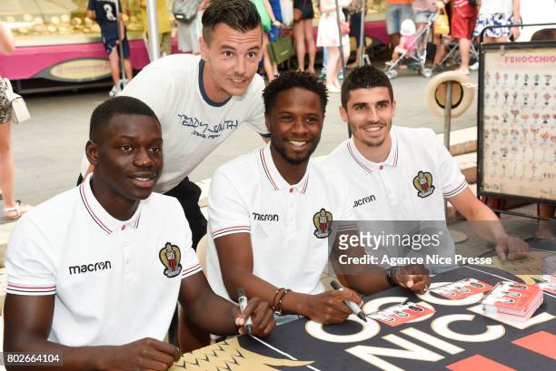 New players Jean Victor Makengo, Adrien Tameze and Pierre Lees Melou of Nice with fans during fan's meeting with new players of OGC Nice on June 28,...