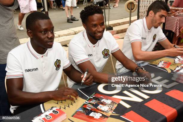 New players Jean Victor Makengo, Adrien Tameze and Pierre Lees Melou of Nice with fans during fan's meeting with new players of OGC Nice on June 28,...