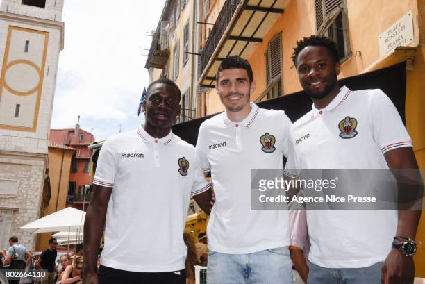 New players Jean Victor Makengo, Pierre Lees Melou and Adrien Tameze of Nice during fan's meeting with new players of OGC Nice on June 28, 2017 in...
