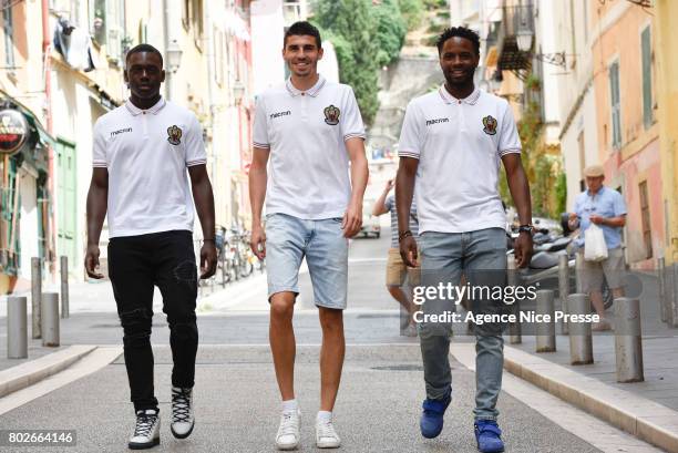 New players Jean Victor Makengo, Pierre Lees Melou and Adrien Tameze of Nice during fan's meeting with new players of OGC Nice on June 28, 2017 in...