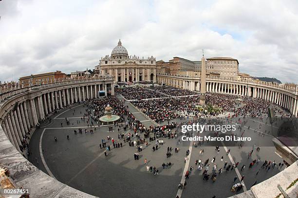 General view of St.Peter's Square filled with pilgrims is seen as Pope Benedict XVI attends Palm Sunday Mass in St. Peter's Square, March 16 in...