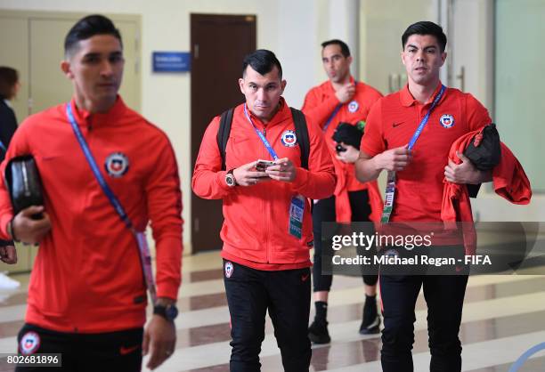 Gary Medel of Chile arrives at the stadium prior to the FIFA Confederations Cup Russia 2017 Semi-Final between Portugal and Chile at Kazan Arena on...