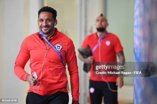 Jean Beausejour of Chile arrives at the stadium prior to the FIFA Confederations Cup Russia 2017 Semi-Final between Portugal and Chile at Kazan Arena...