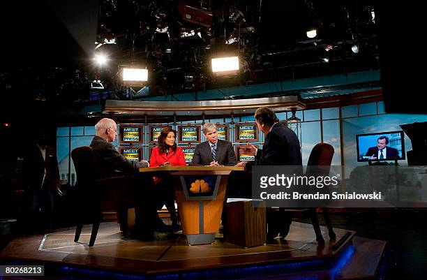 David Broder , Michel Norris , of NPR, of the Washington Post, and David Gregory , of NBC, listen to Tim Russert ask a question during a live taping...