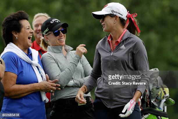 Nancy Lopez, Morgan Pressel and Paula Creamer share a laugh on the third tee box during a practice round prior to the 2017 KPMG PGA Championship at...