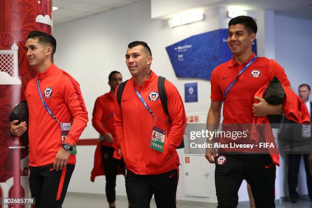 Gary Medel of Chile arrives at the stadium prior to the FIFA Confederations Cup Russia 2017 Semi-Final between Portugal and Chile at Kazan Arena on...